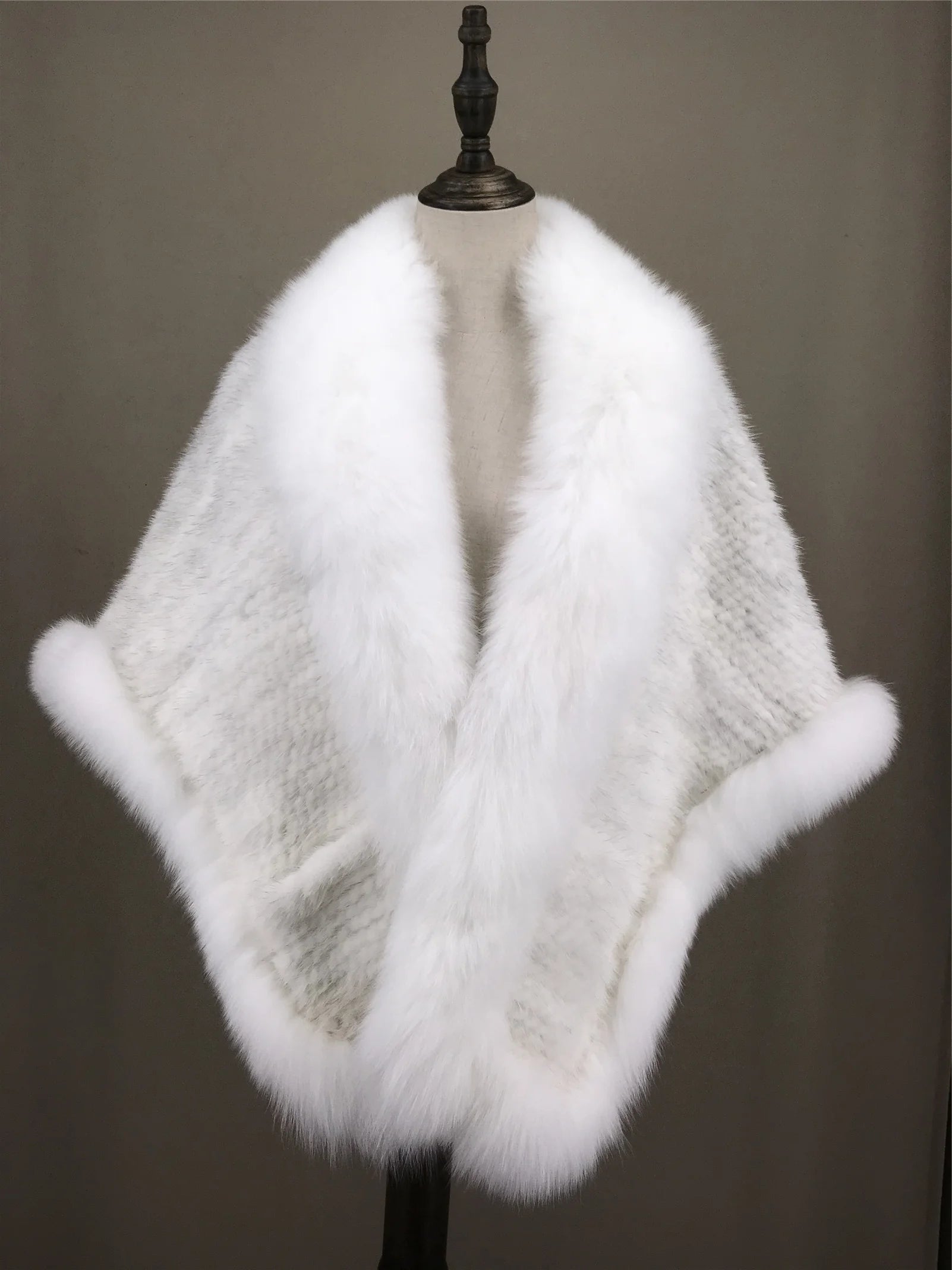 Xale de tricô de pele de vison real com gola de corte de pele de raposa, estola de capa frontal, xale branco coreano peludo luxuoso, inverno