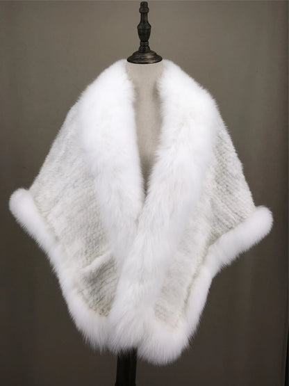 Xale de tricô de pele de vison real com gola de corte de pele de raposa, estola de capa frontal, xale branco coreano peludo luxuoso, inverno