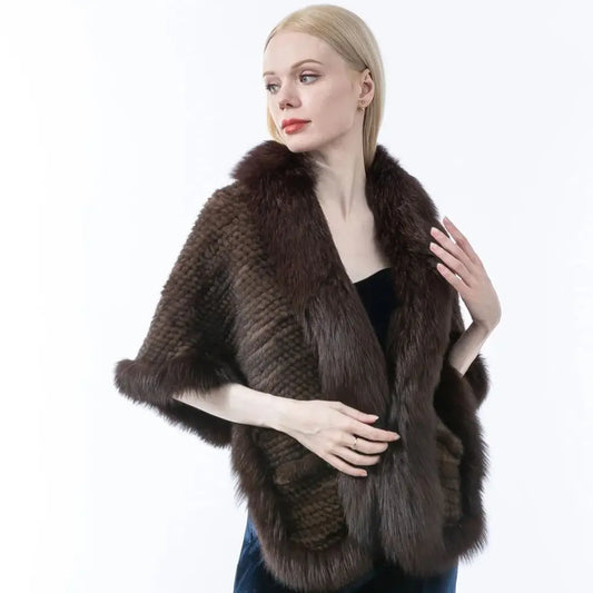 Xale de tricô de pele de vison real com gola de corte de pele de raposa, estola de capa frontal, xale branco coreano peludo luxuoso, inverno