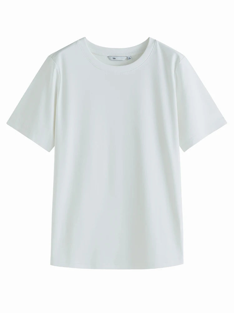 FSLE-camiseta feminina de manga curta, 100% algodão, gola redonda, blusa reta, branca e preta, nova para primavera e verão, 2023