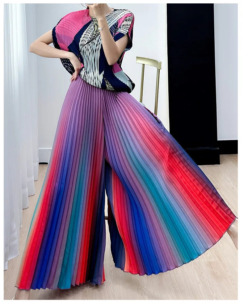 Primavera/Verão Novo Gradiente das mulheres Plissado Solto e Versátil Perna Larga Alargamento Calças Moda Outono Street Style Rainbow Calças
