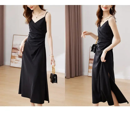 SENTUBILA, vestidos negros sexis para mujer, verano 2025, elegante vestido Midi con pliegues y tirantes finos con abertura para fiesta de noche con cuello en V 132L48917