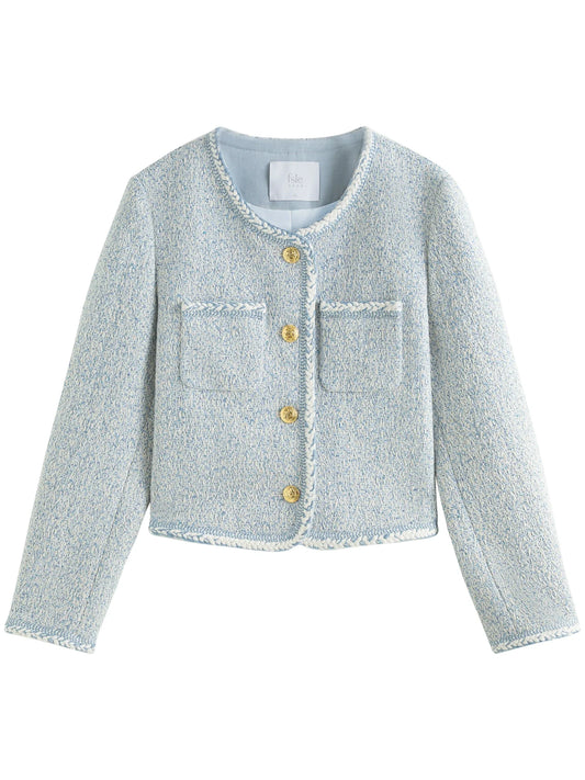 Fsle 17.4% lã feminina tweed jaquetas em torno do pescoço outono senhora do escritório curto azul temperamento casaco feminino tweed casacos 24fs13349
