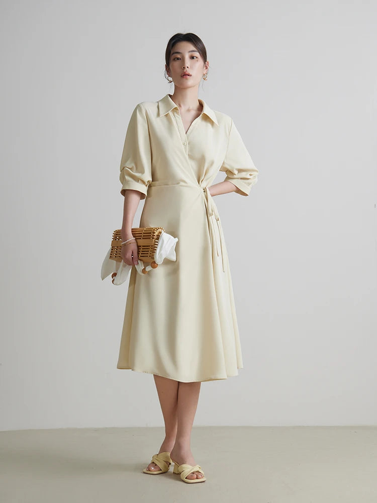 DUSHU-Vestido com design de envoltório feminino, gola virada para baixo, cortina temperamental, meia manga, preto, longa A-line, verão, 2 cores, 24DS82102