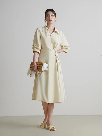 DUSHU-Vestido com design de envoltório feminino, gola virada para baixo, cortina temperamental, meia manga, preto, longa A-line, verão, 2 cores, 24DS82102