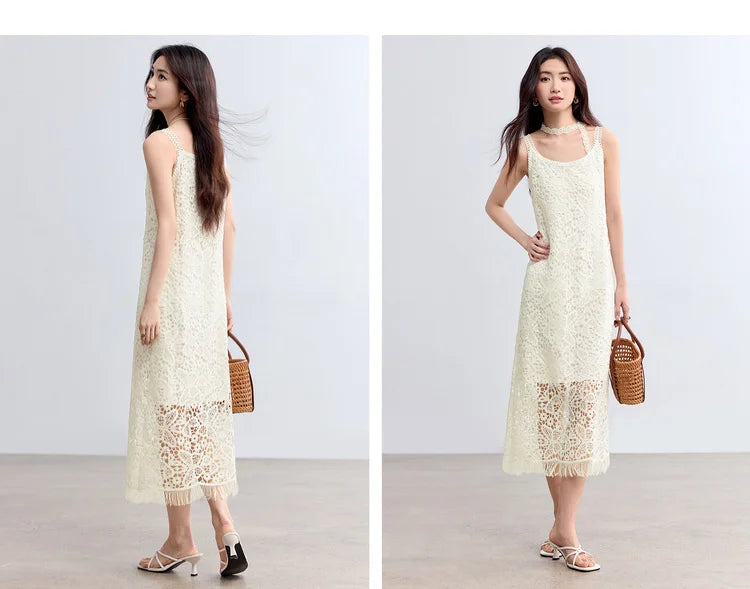 Sentubila boho deslizamento vestido feminino verão borla sem mangas vestido de verão 2025 nova coleção branco elegante rendas vestidos longos q52ld0165