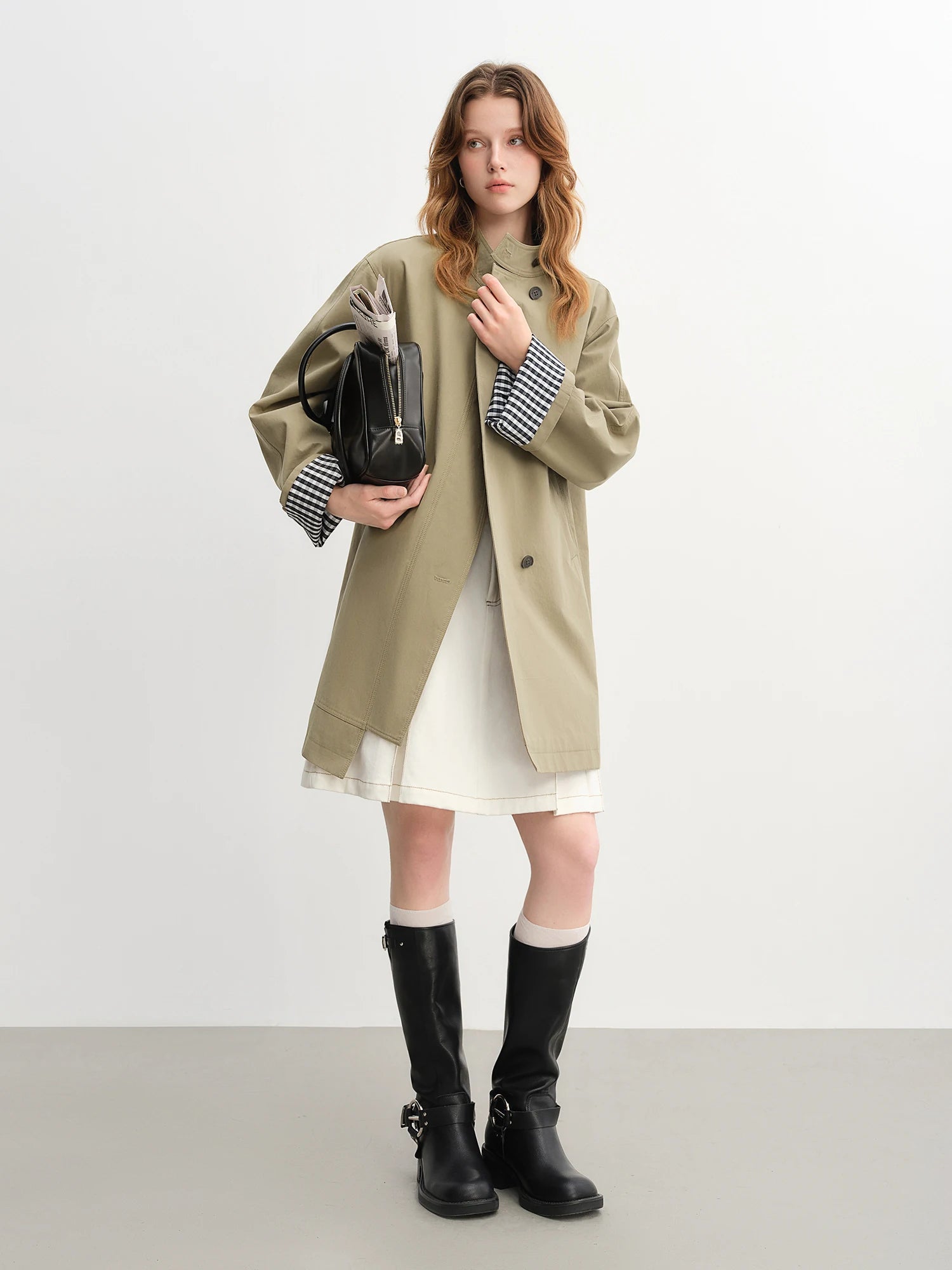 Dushu outono 2025 feminino gola trench coat-ajuste relaxado xadrez retalhos solto outerwear casual blusão topo