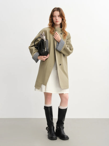 Dushu outono 2025 feminino gola trench coat-ajuste relaxado xadrez retalhos solto outerwear casual blusão topo