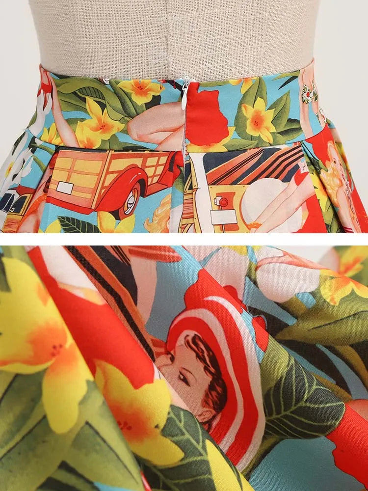 Saia de verão com estampa floral feminina cintura alta balanço 50s vintage retro rockabilly midi saias plissadas faldas