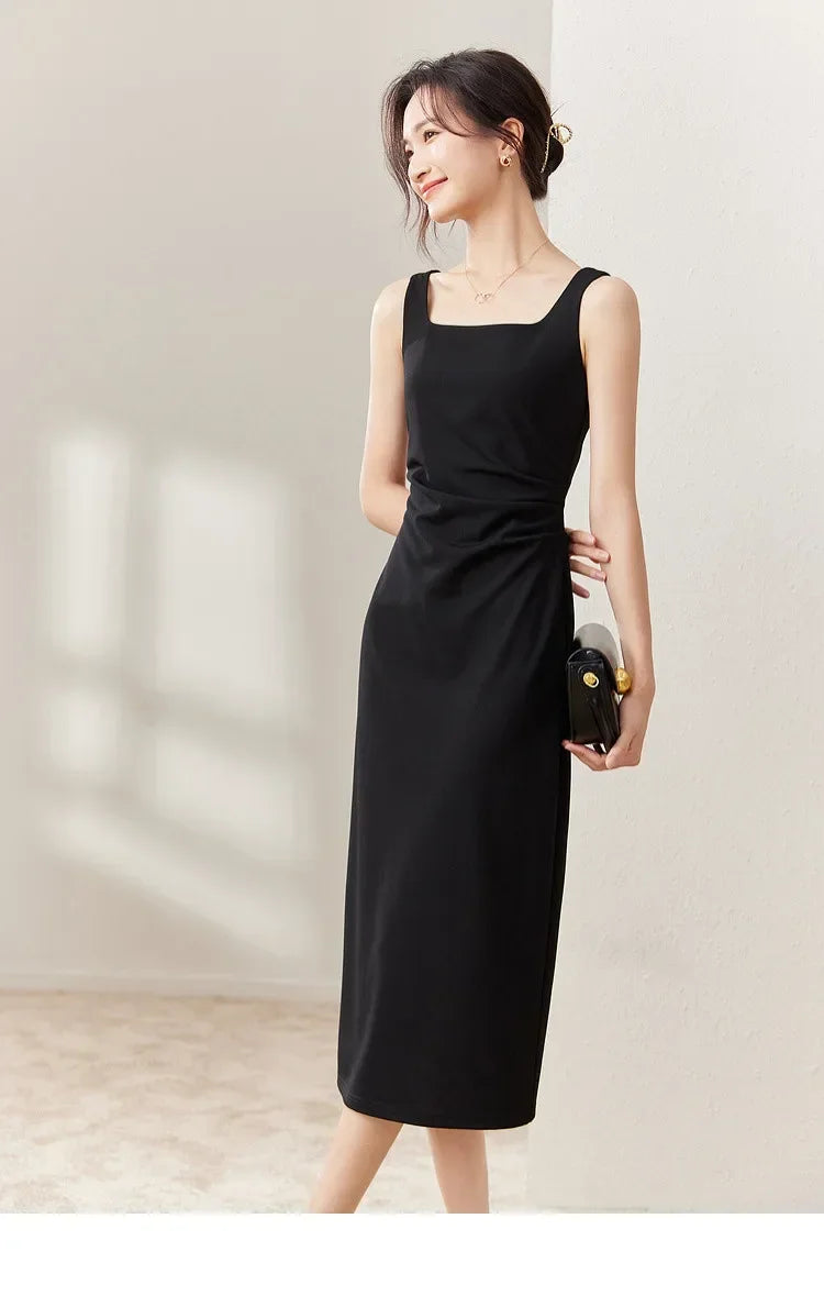 SENTUBILA vestido largo ajustado negro para mujer 2025 Primavera Verano elegante moda estilo Hepburn cuello cuadrado vestidos divididos 133L50329
