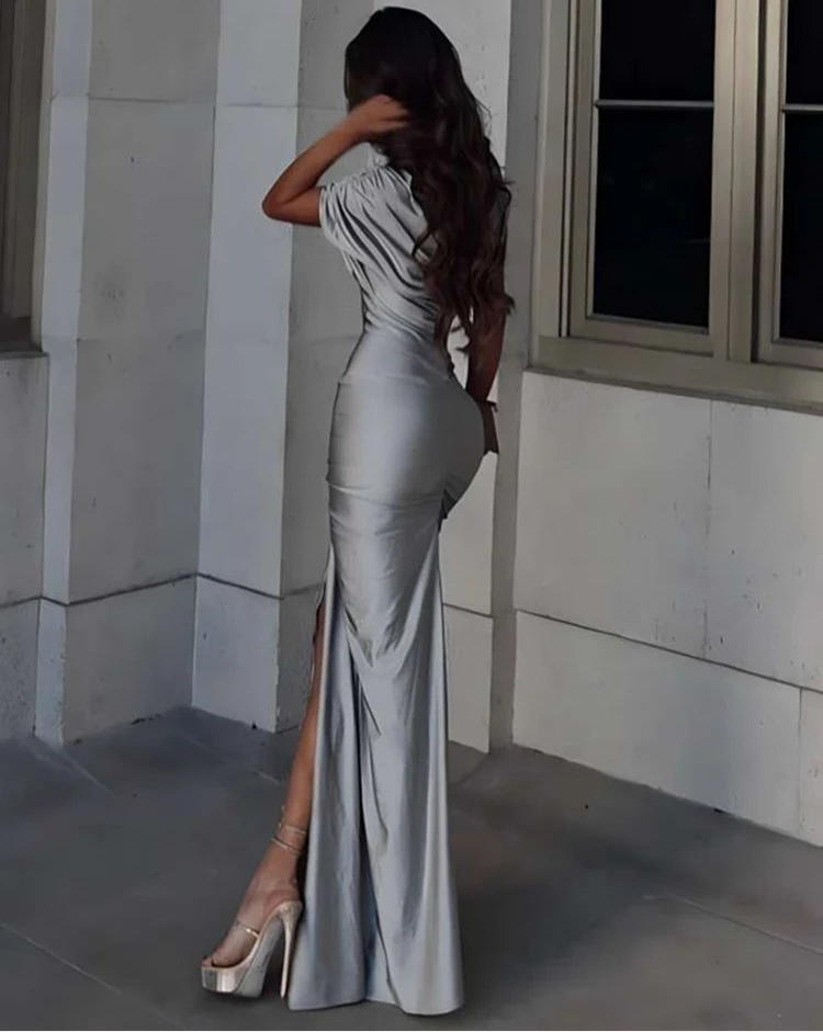 Estranho gato irregular oco vestido feminino ruched gola diagonal shorts manga cintura fendas rua tendência elegante longo bodycon