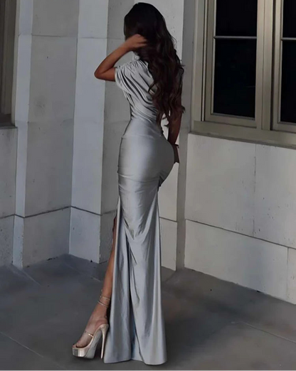 Estranho gato irregular oco vestido feminino ruched gola diagonal shorts manga cintura fendas rua tendência elegante longo bodycon