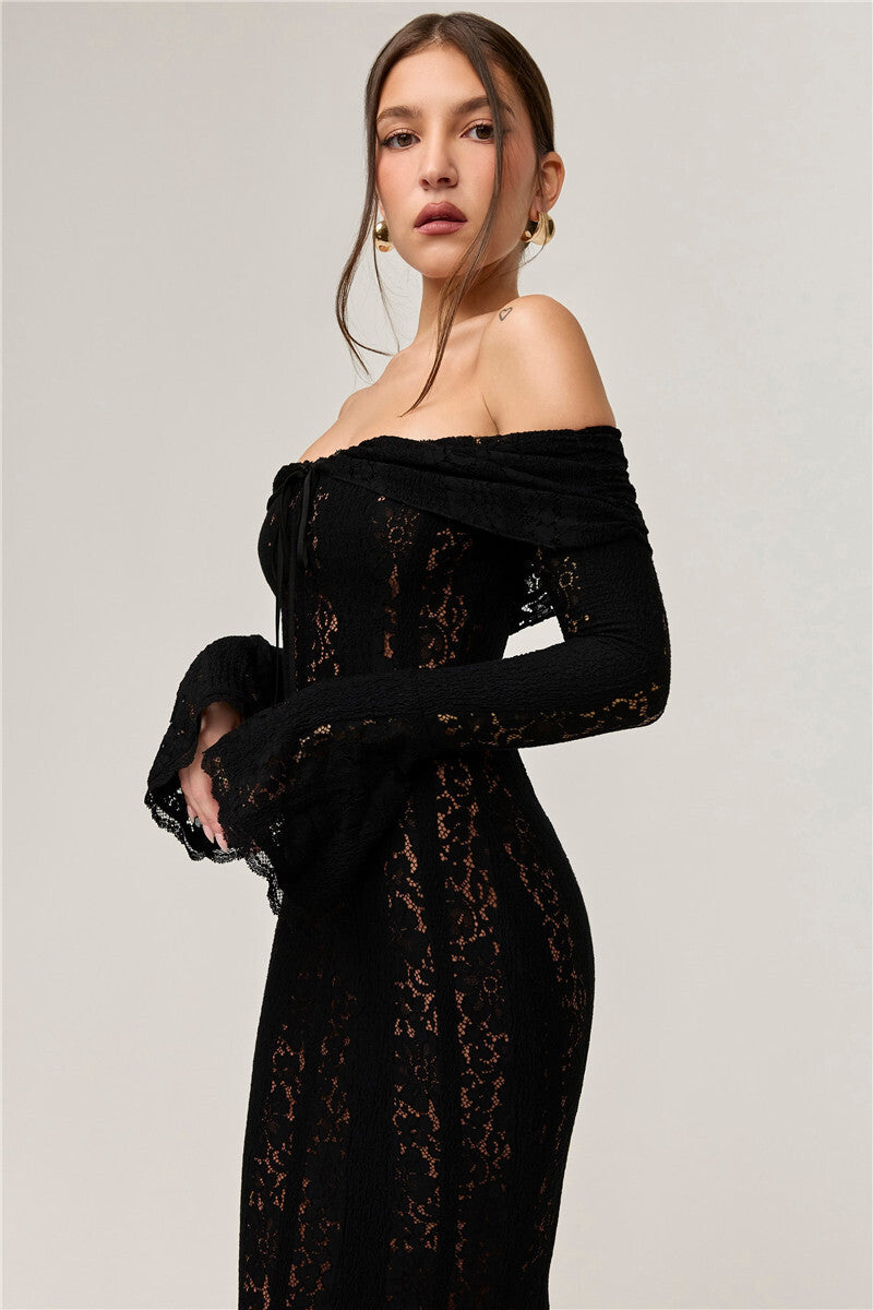 Vestido Longo de Renda Preta Bela – Elegância Noturna com Presença