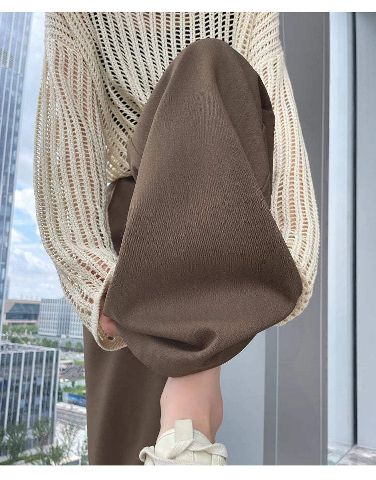 Seoulish-Calça de perna larga feminina, calça feminina elegante, monocromática, casual, solta, escritório, comprimento total, coreano, botão, Novo, Outono, 2022