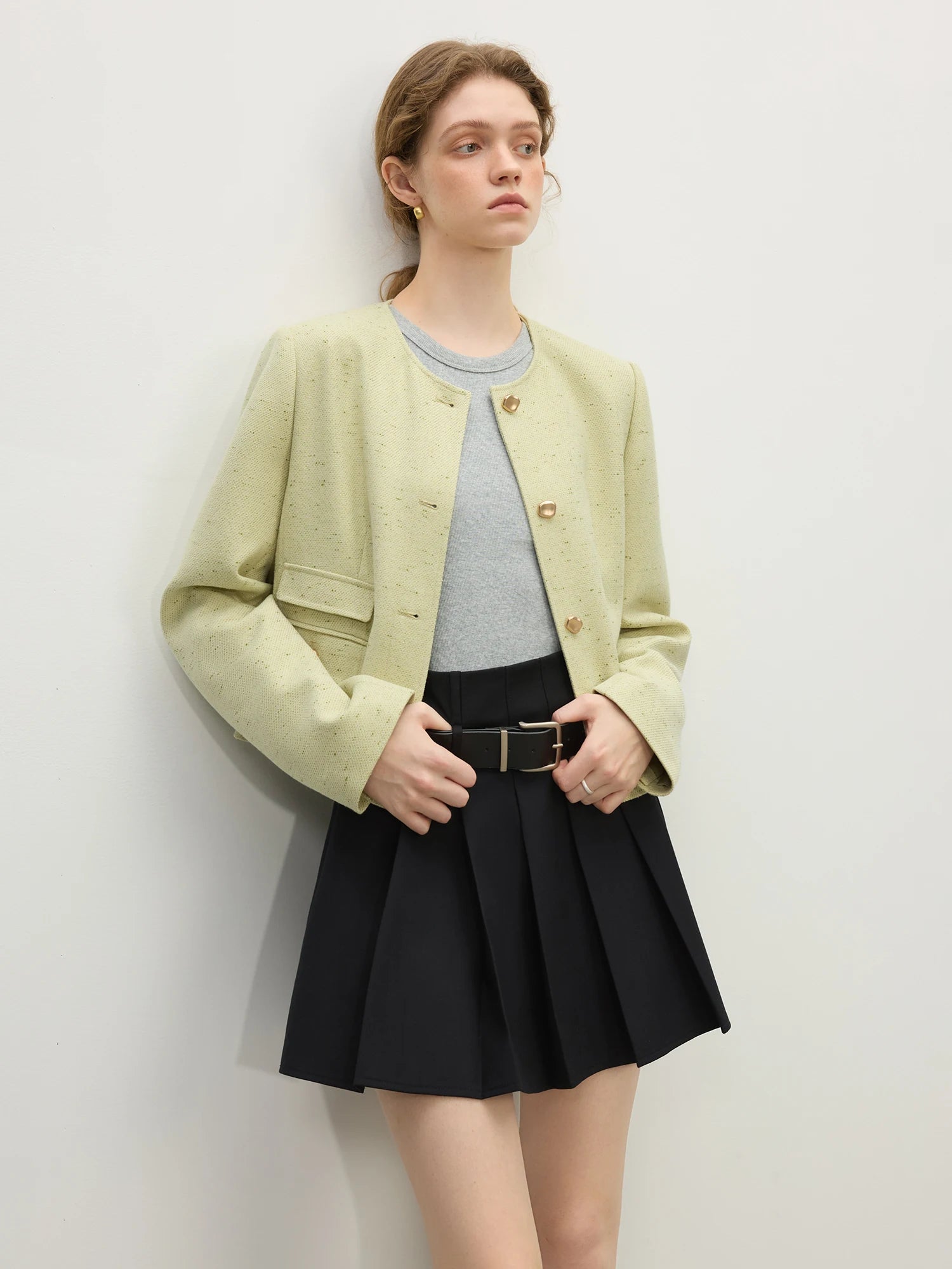 Fsle feminino 2025 primavera tweed jaquetas tempermanet feminino curto frente ombro casacos senhora do escritório casacos bege 25fs11348