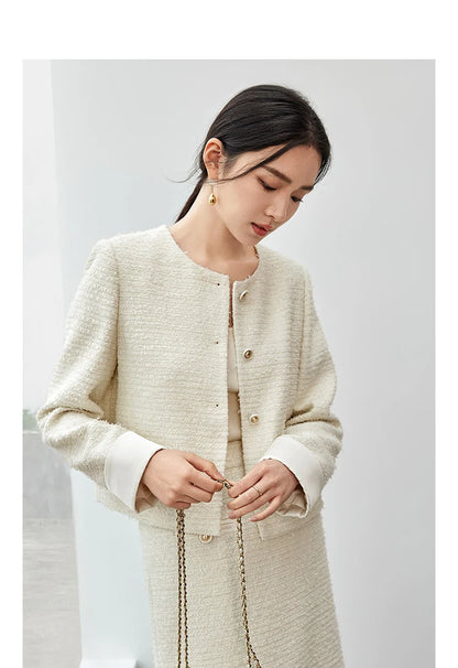 Sentubila conjunto de saia de tweed com textura feminina 2025 outono reto o pescoço jaquetas curtas fenda-hem saia longa conjuntos de 2 peças 143z56291