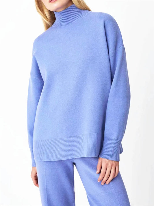 Outono inverno 2 peças conjuntos femininos de malha agasalho gola alta camisola e calças de jogging retas ternos
