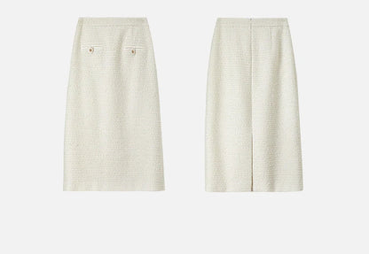 Sentubila conjunto de saia de tweed com textura feminina 2025 outono reto o pescoço jaquetas curtas fenda-hem saia longa conjuntos de 2 peças 143z56291