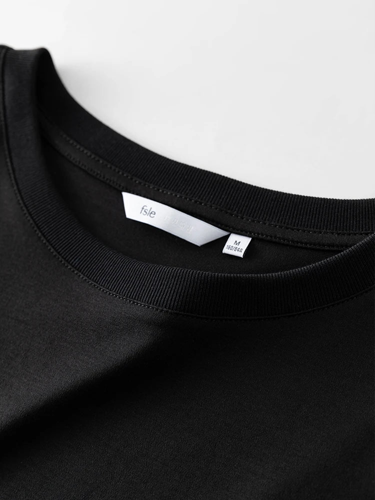 FSLE-camiseta feminina de manga curta, 100% algodão, gola redonda, blusa reta, branca e preta, nova para primavera e verão, 2023