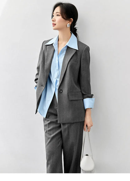 Sentubila feminino textura listrado calça ternos 2024 inverno entalhado pescoço único botão calças de perna reta 2 peça conjunto 143z56524