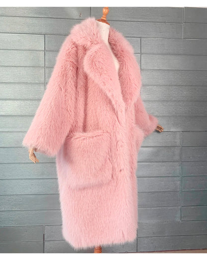 Lautaro inverno longo oversized rosa grosso quente macio desgrenhado fofo casaco de pele do falso feminino bolsos lapela solto doce bonito moda 2022