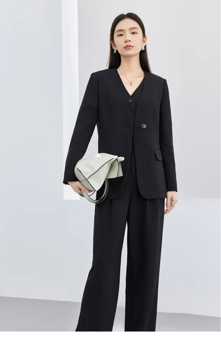 Sentubila mulher 3 peça conjunto roupas 2025 outono moda escritório wear preto colete blazer jaquetas perna larga calça conjunto 141z53019