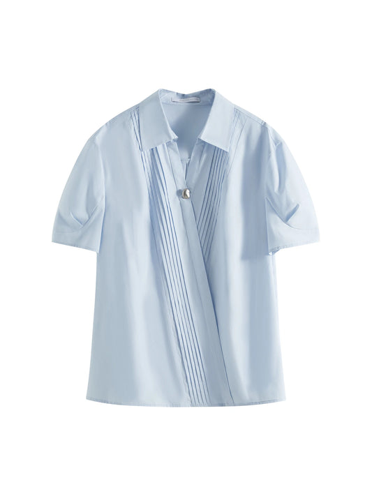 Fsle estilo minimalista cor sólida com decote em v camisa de manga curta para mulher 2025 verão novo solto branco de manga curta topo 25fs12213