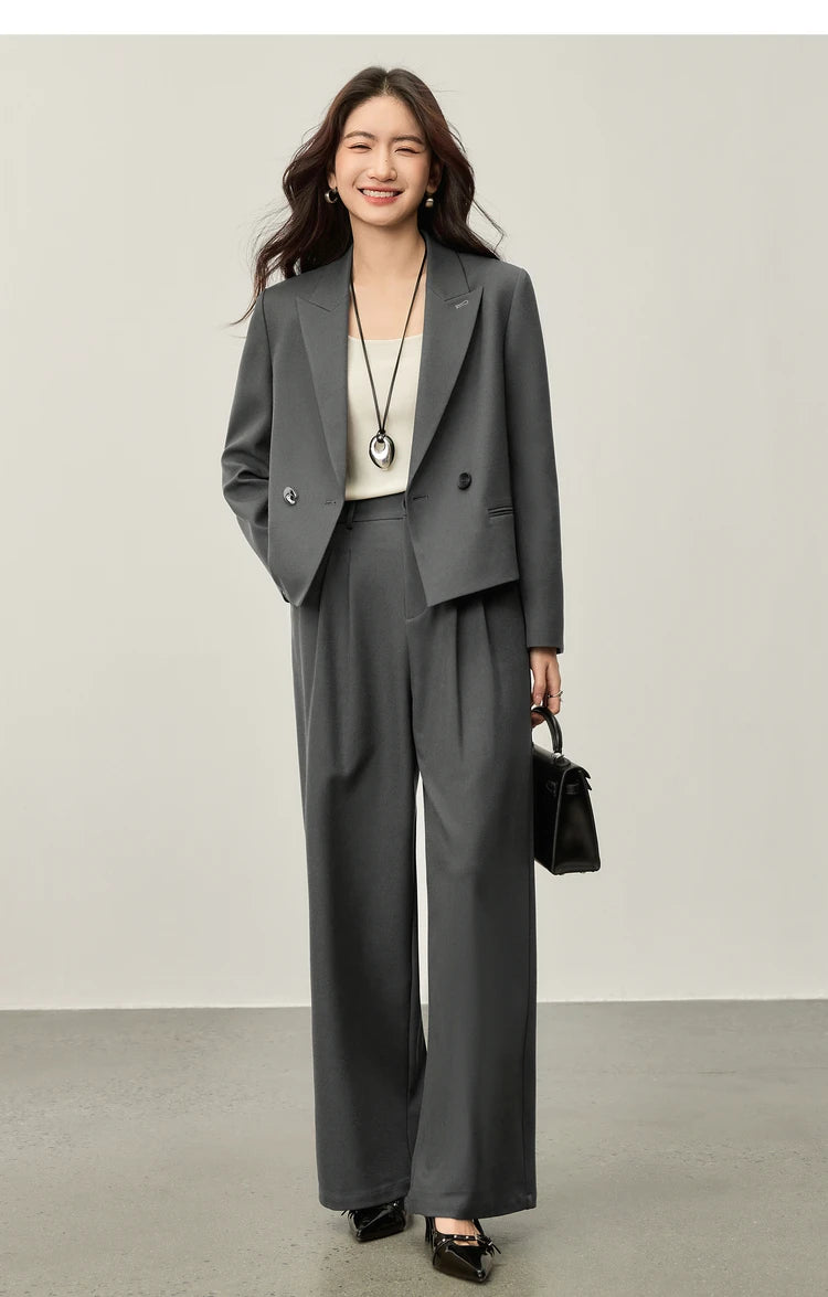 Sentubila blazer e calças terno 2025 acolchoado ombro superior calças de perna larga senhora define feminino trabalho wear 2 peça set153ze1874