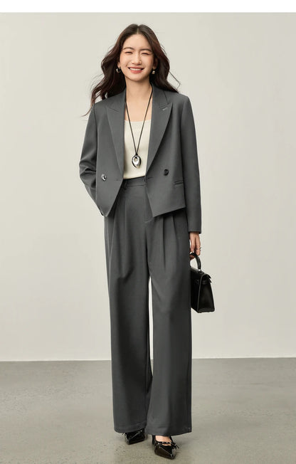 Sentubila blazer e calças terno 2025 acolchoado ombro superior calças de perna larga senhora define feminino trabalho wear 2 peça set153ze1874