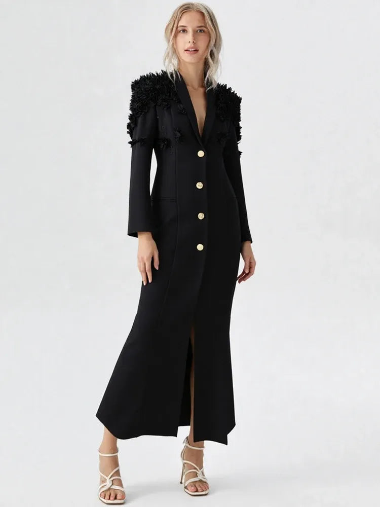 Vestido Longo de Festa Floréal Lumière – Alta Alfaiataria com Aplicações Florais Artesanais