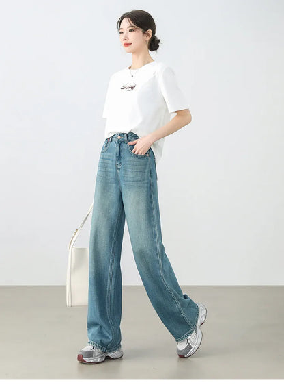 Sentubila calças jeans femininas de algodão 2025 primavera moda reta vintage denim cintura alta comprimento total bolsos calças w51n58827