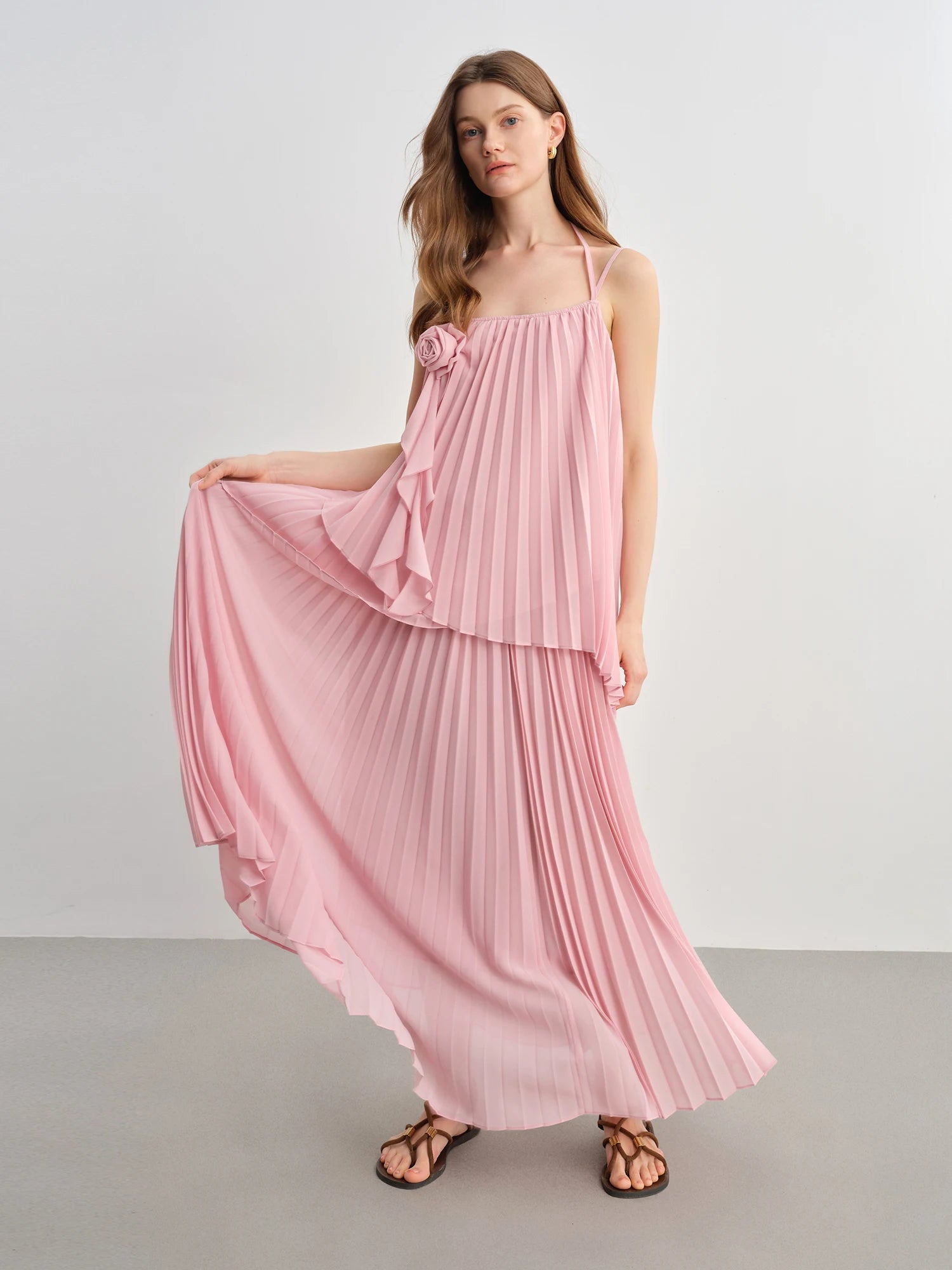 Dushu plus size moda terno para as mulheres verão 2025 nova flor tridimensional blusa de tiras cintura alta saia longa plissada