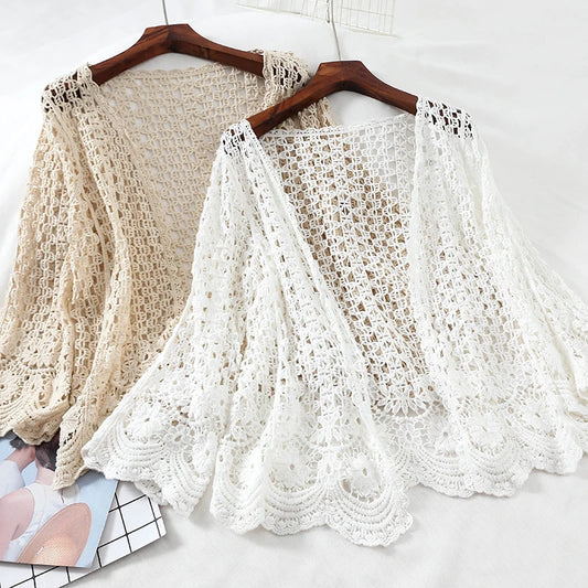 Cardigan de renda aberta crochê oco para fora encolher feminino casual flor branca floral ponto aberto camisola feminina solta malha outwear