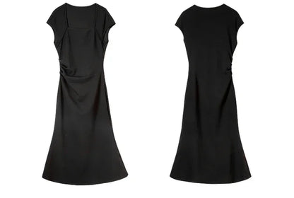 SENTUBILA, vestidos negros de verano 2025, vestido largo ajustado fruncido de manga corta de punto de algodón elegante para fiesta para mujer, ropa 142L54013