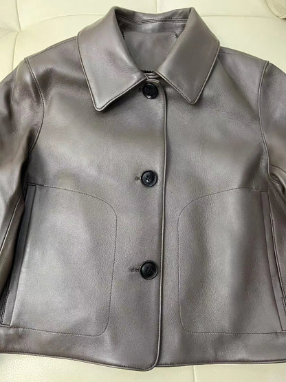 Casacos curtos de pele de carneiro feminino harajuku moda jassen dames fino jaqueta de couro legítimo gola quadrada na moda streetwear casaco