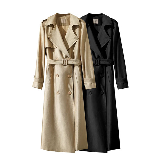 Amii minimalista trench coat feminino 2025 primavera novo luxo solto temperamento turn down collar duplo breasted casaco longo 12511090
