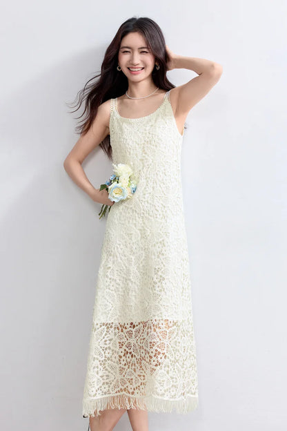 Sentubila boho deslizamento vestido feminino verão borla sem mangas vestido de verão 2025 nova coleção branco elegante rendas vestidos longos q52ld0165