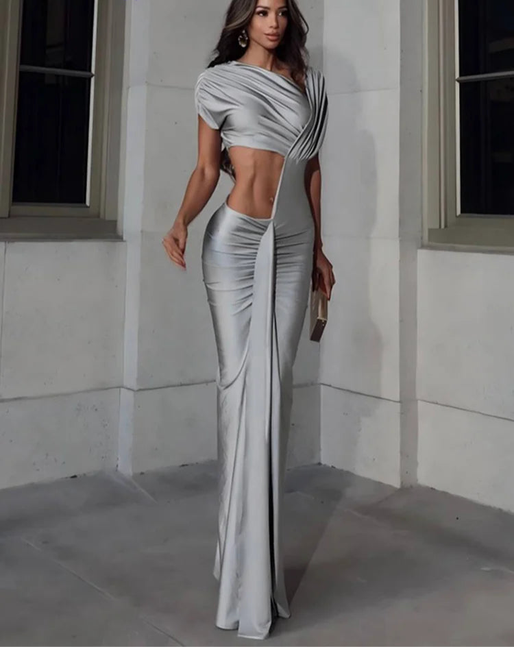 Estranho gato irregular oco vestido feminino ruched gola diagonal shorts manga cintura fendas rua tendência elegante longo bodycon