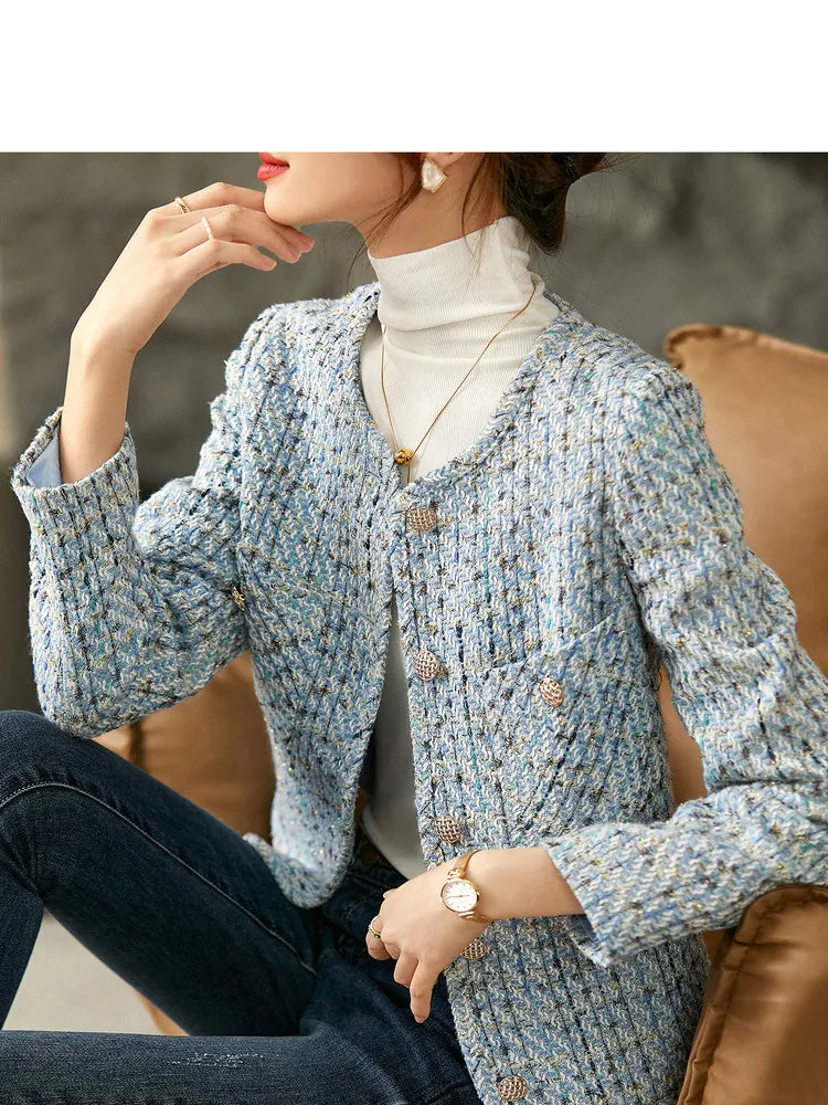 Sentubila recortado tweed jaqueta para mulher 2024 outono elegante moda outerwear o-pescoço casacos curtos roupas femininas 143w56772x
