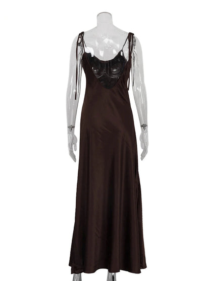 Clacive moda solta marrom cetim vestidos femininos 2025 verão cinta sem mangas até o chão vestido sexy sem costas vestido feminino