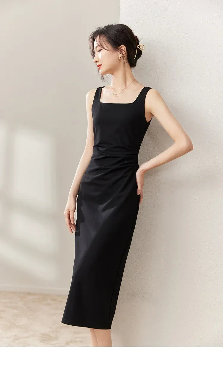 SENTUBILA vestido largo ajustado negro para mujer 2025 Primavera Verano elegante moda estilo Hepburn cuello cuadrado vestidos divididos 133L50329