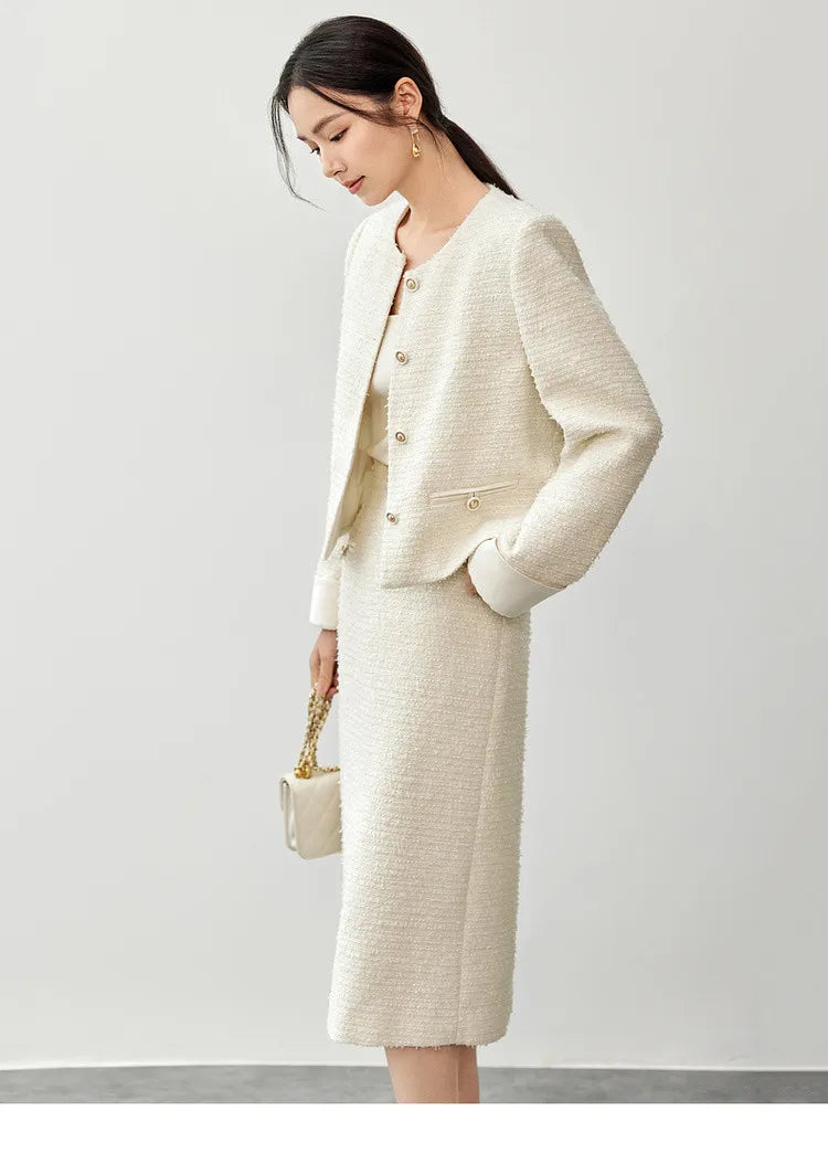 Sentubila conjunto de saia de tweed com textura feminina 2025 outono reto o pescoço jaquetas curtas fenda-hem saia longa conjuntos de 2 peças 143z56291