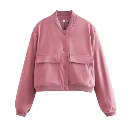 Trza moda feminina com bolsos jaqueta bomber casacos vintage manga longa botão frontal casual feminino outerwear chiques topos