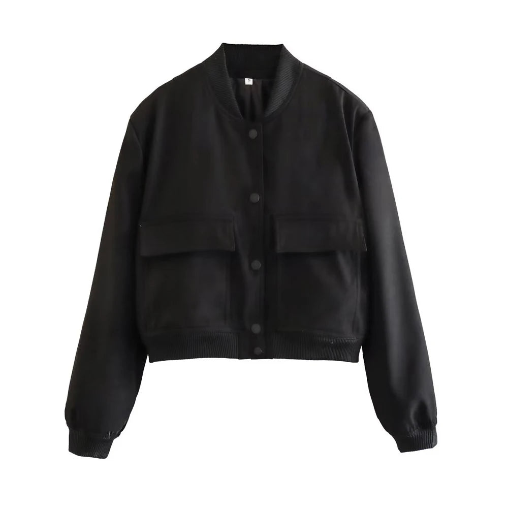 Trza moda feminina com bolsos jaqueta bomber casacos vintage manga longa botão frontal casual feminino outerwear chiques topos