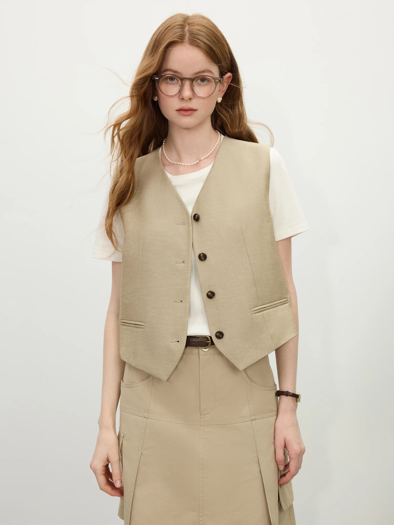 Colete Feminino de Alfaiataria Eco Linho Vintage Caqui - AlmaChic