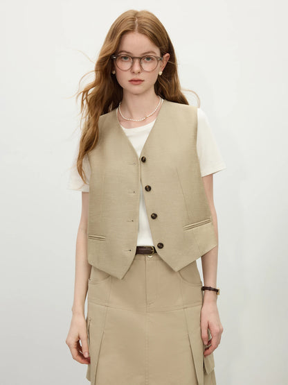 Colete Feminino de Alfaiataria Eco Linho Vintage Caqui - AlmaChic