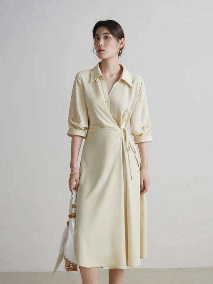 DUSHU-Vestido com design de envoltório feminino, gola virada para baixo, cortina temperamental, meia manga, preto, longa A-line, verão, 2 cores, 24DS82102