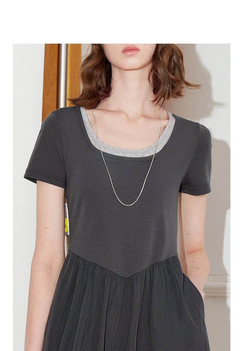 Toyoutth vestido feminino 2025 primavera novo falso duas peças cintura fina cor contrastante emenda u pescoço manga curta saia de comprimento médio