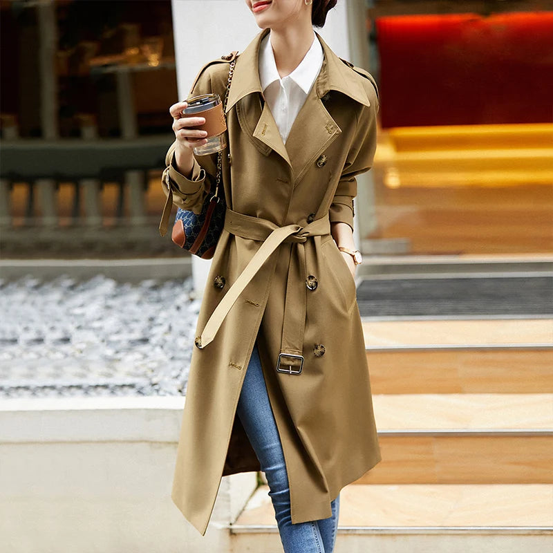 Sentubila-Elegante Trench Coat Longo Feminino, Blusão Solto, Jaqueta Traseiro Duplo, Casacos, Inverno, Outono, 123F42871