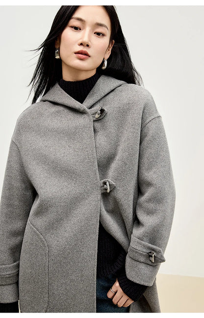 Sentubila dupla face 100% casaco de lã 2024 inverno comprimento médio reto touro chifre fivela feminino com capuz outwear w44o55979